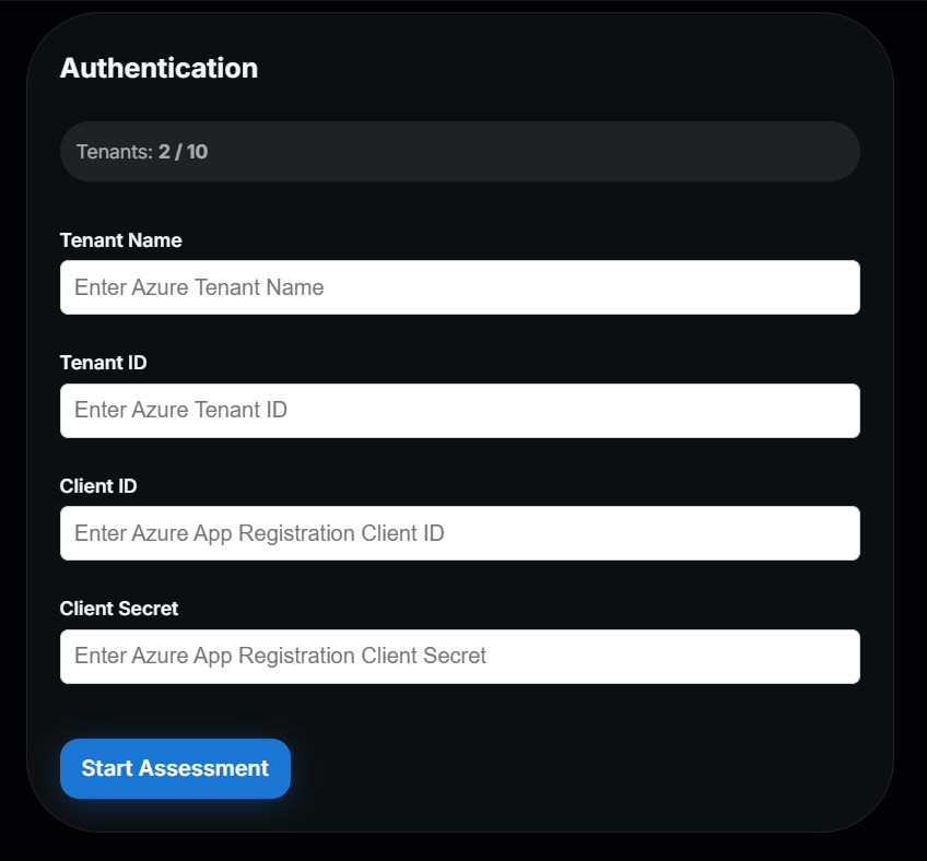TENET settings page - Azure Credentials